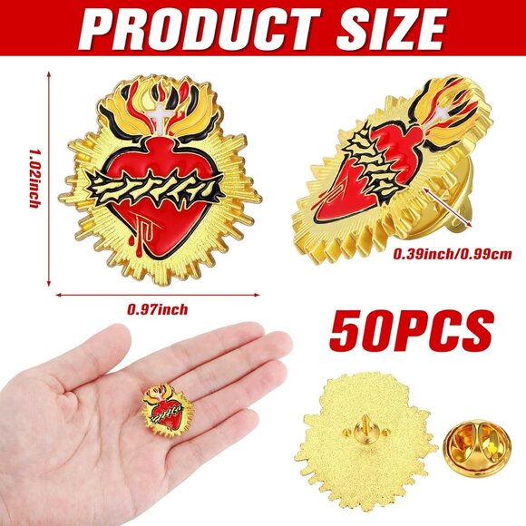 Christian Lapel Pins Sacred Heart of Jesus Enamel Brooches Bulk 50 Pack - Picture 2 of 6
